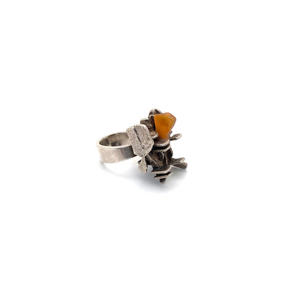 detail large vintage silver agate brutalist ring Switzerland Modernist jewelry design