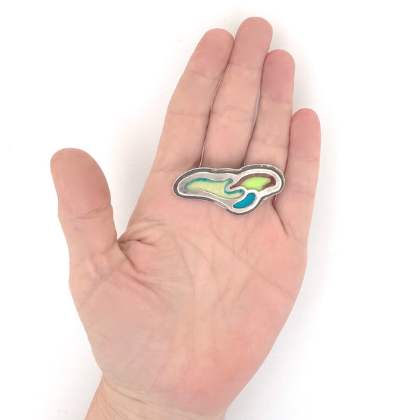 scale vintage silver and enamel biomorphic brooch studio made Modernist jewelry design