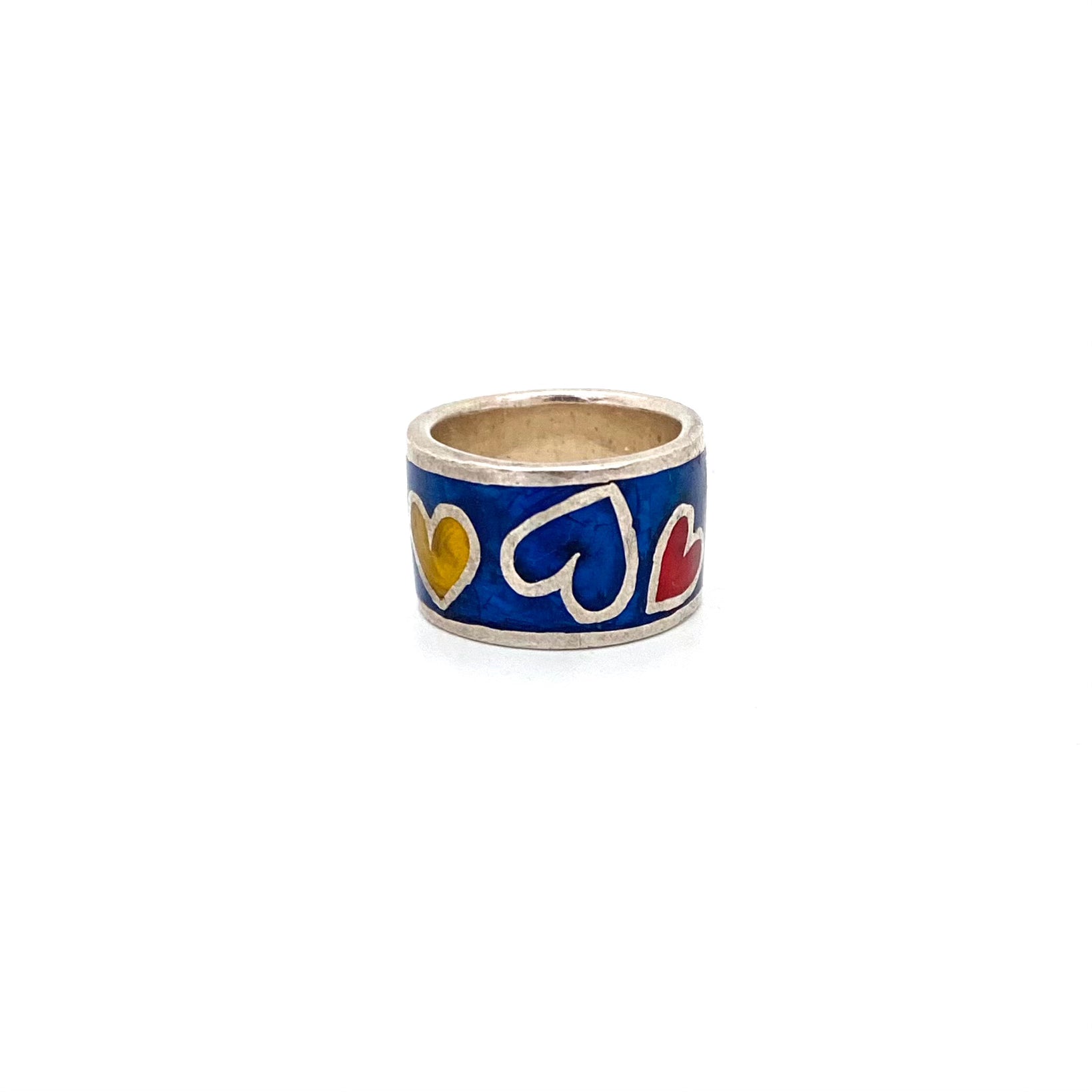 detail vintage silver and enamel wide multi colored hearts ring