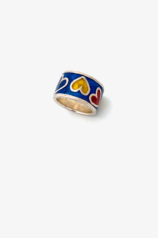 vintage silver and enamel wide multi colored hearts ring