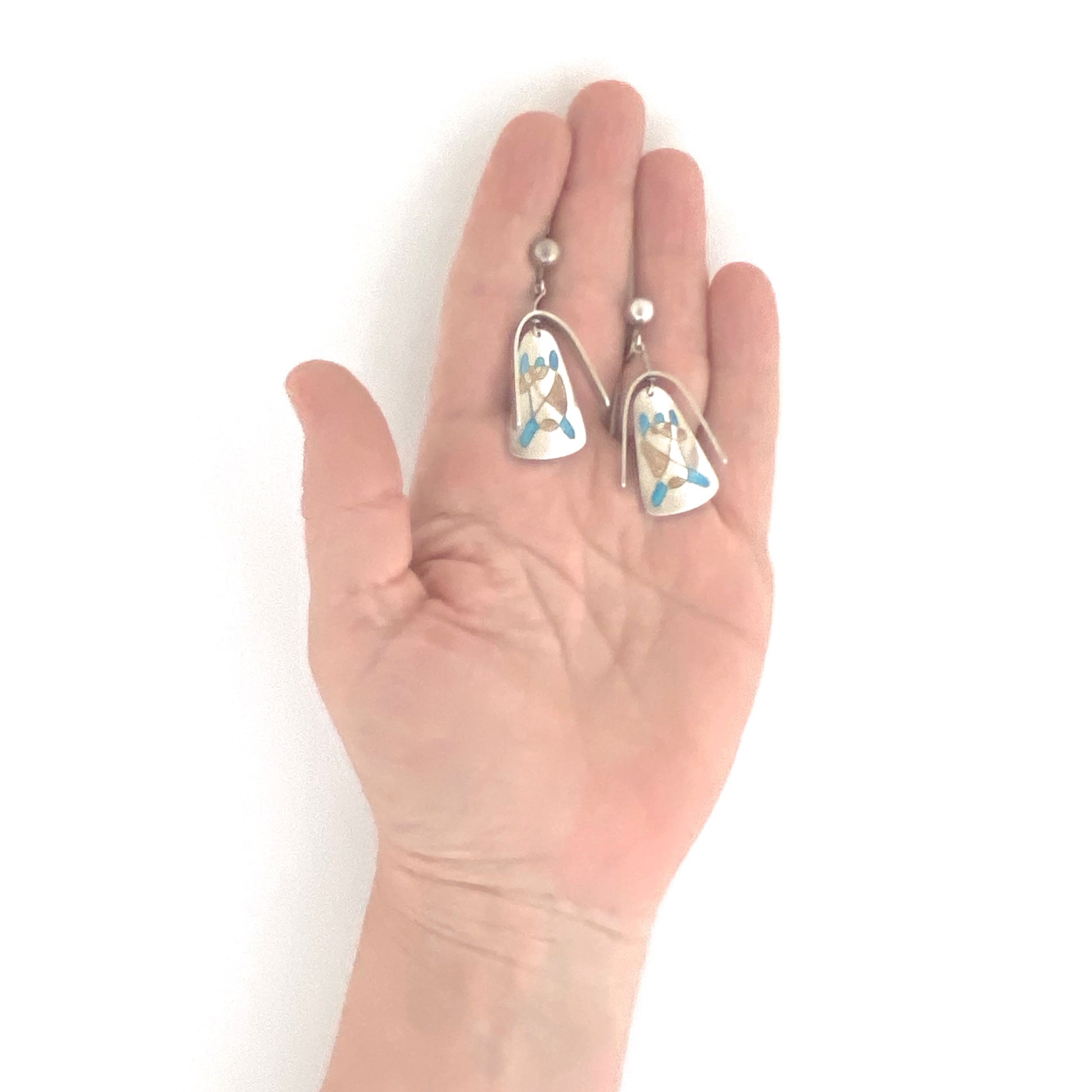 scale vintage silver enamel abstract figure kinetic drop earrings Modernist jewelry design
