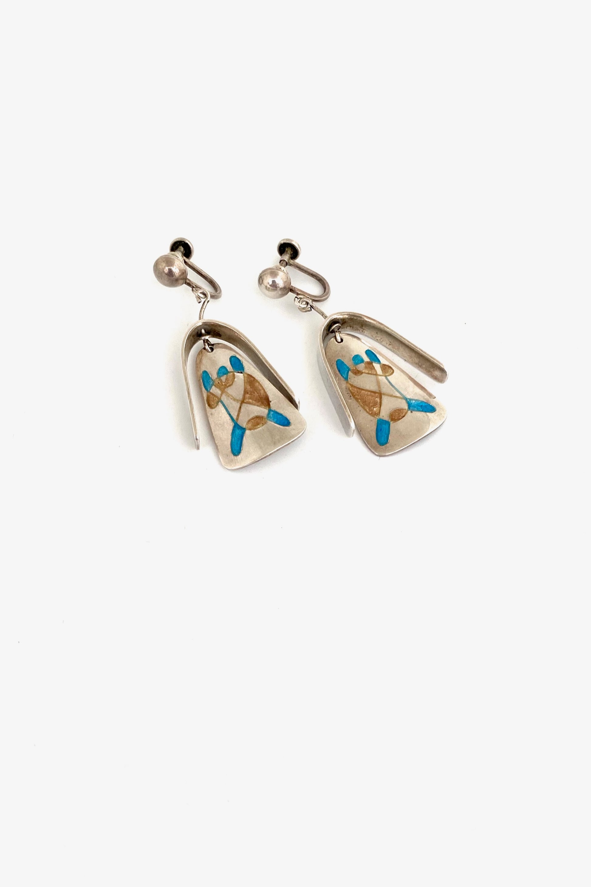 vintage silver enamel abstract figure kinetic drop earrings Modernist jewelry design