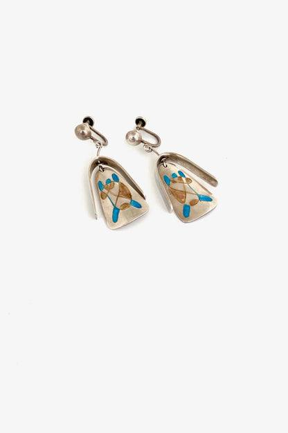 vintage silver enamel abstract figure kinetic drop earrings Modernist jewelry design