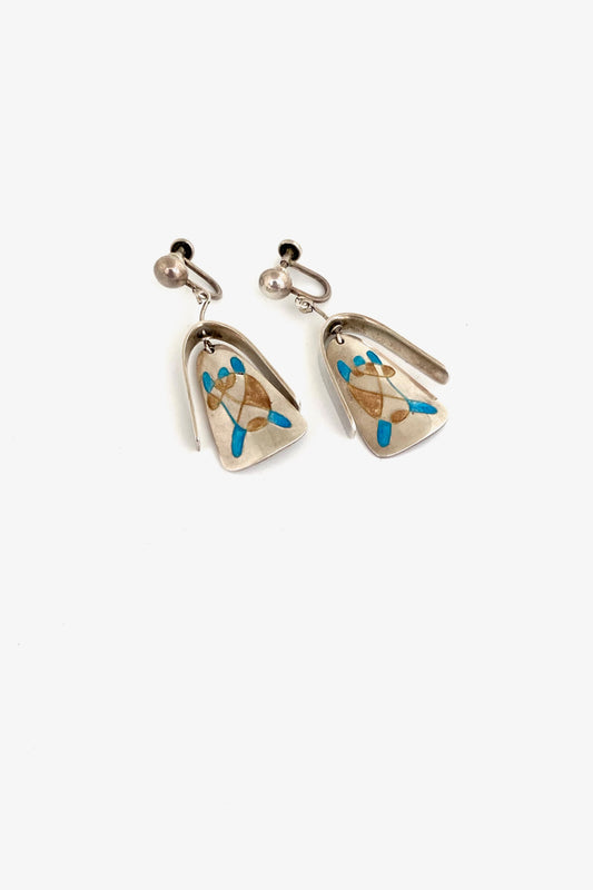 vintage silver enamel abstract figure kinetic drop earrings Modernist jewelry design
