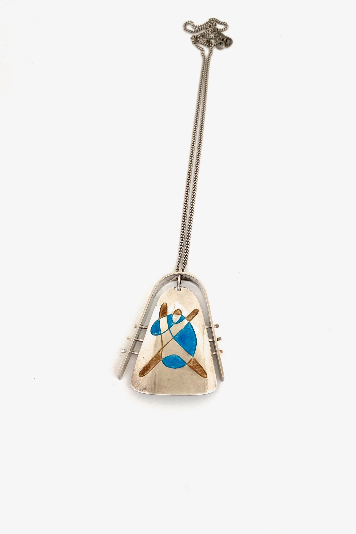 vintage silver enamel large kinetic pendant necklace abstract figure Modernist jewelry design