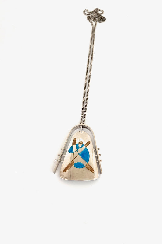vintage silver enamel large kinetic pendant necklace abstract figure Modernist jewelry design