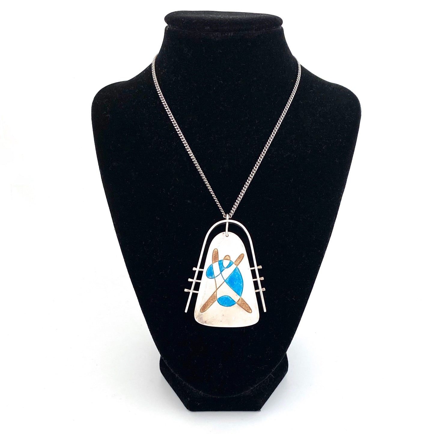detail vintage silver enamel large kinetic pendant necklace abstract figure Modernist jewelry design
