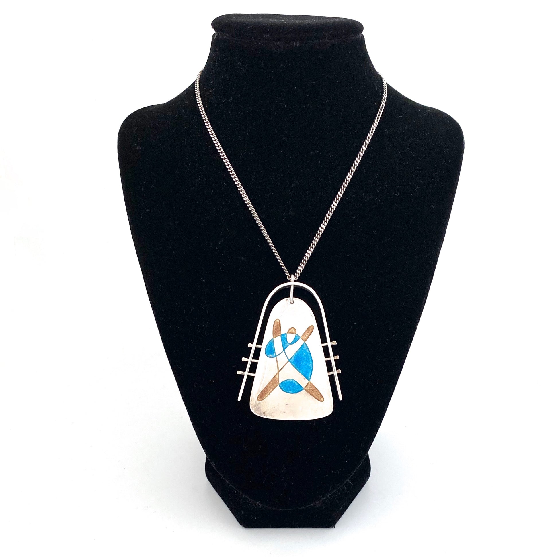 detail vintage silver enamel large kinetic pendant necklace abstract figure Modernist jewelry design