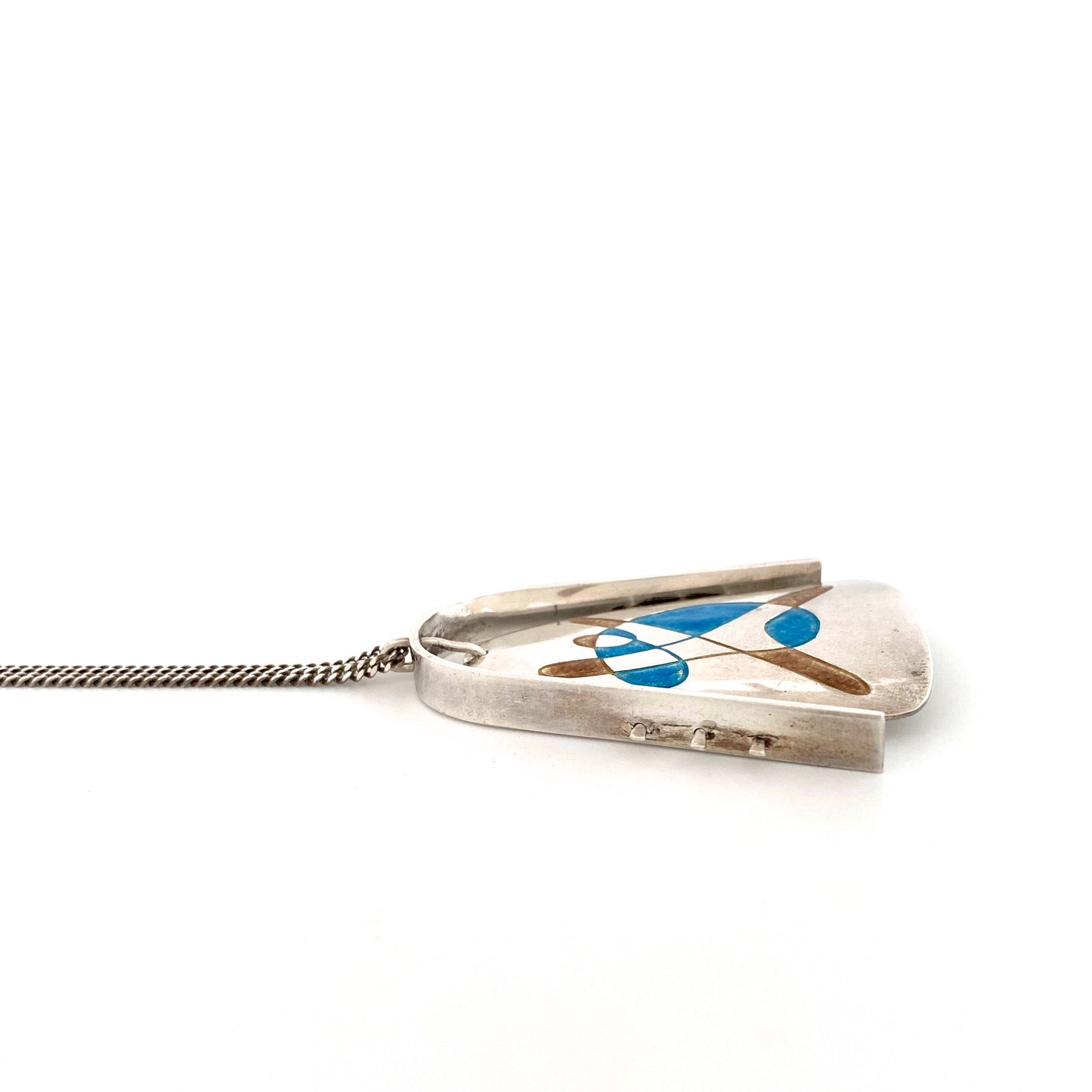 profile vintage silver enamel large kinetic pendant necklace abstract figure Modernist jewelry design