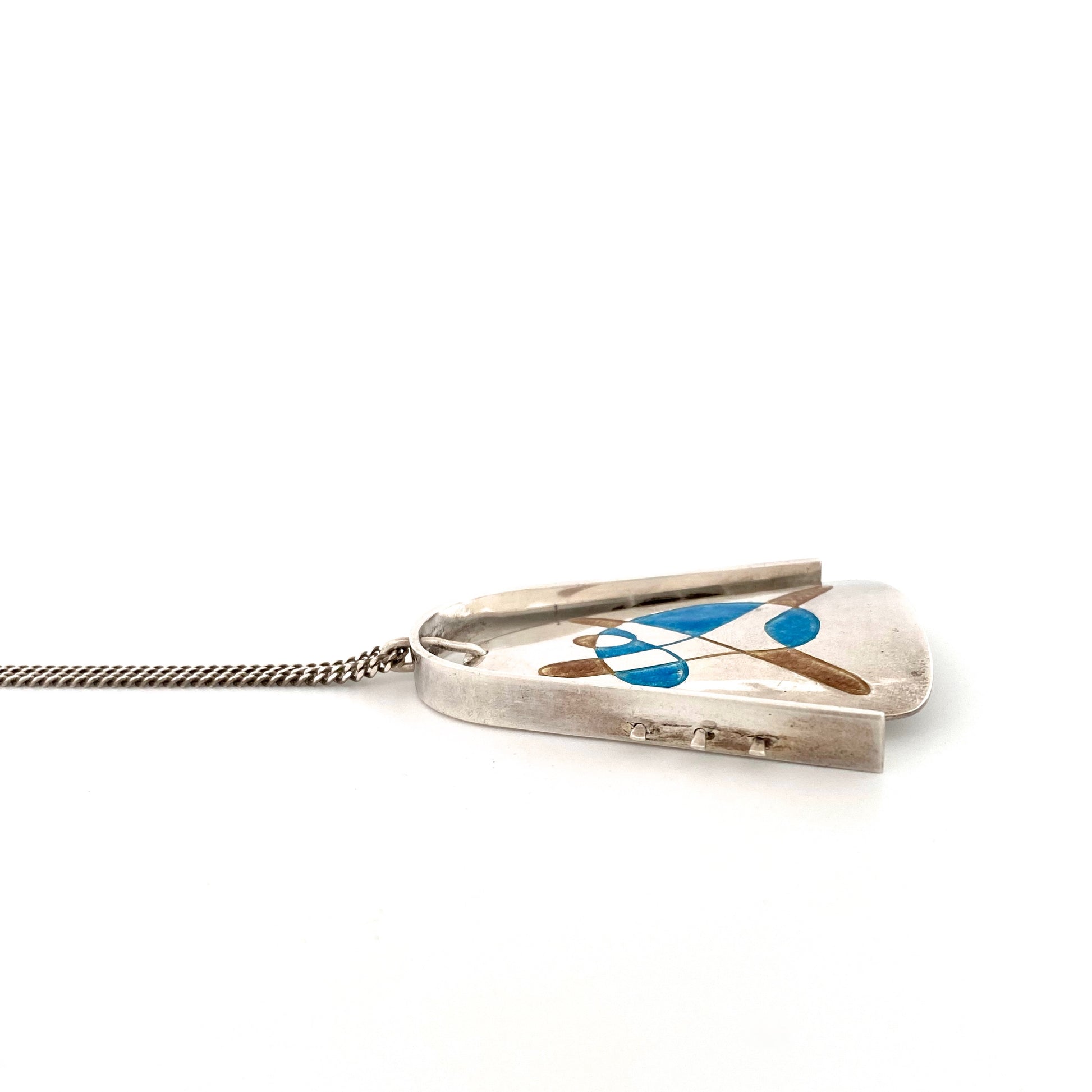 profile vintage silver enamel large kinetic pendant necklace abstract figure Modernist jewelry design