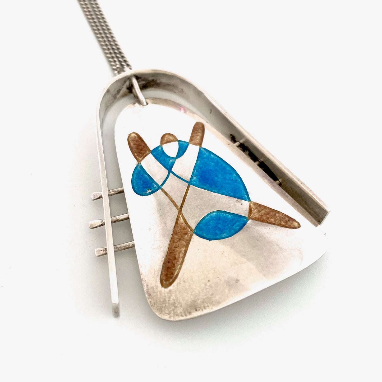 silver & enamel kinetic large pendant necklace ~ abstract figure