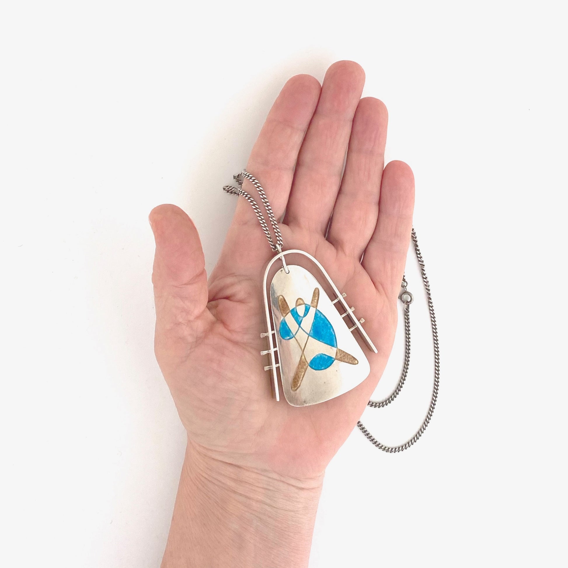 scale vintage silver enamel large kinetic pendant necklace abstract figure Modernist jewelry design