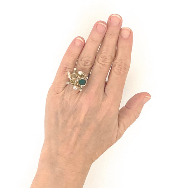 scale vintage silver chrysoprase large brutalist ring Israel Modernist jewelry design