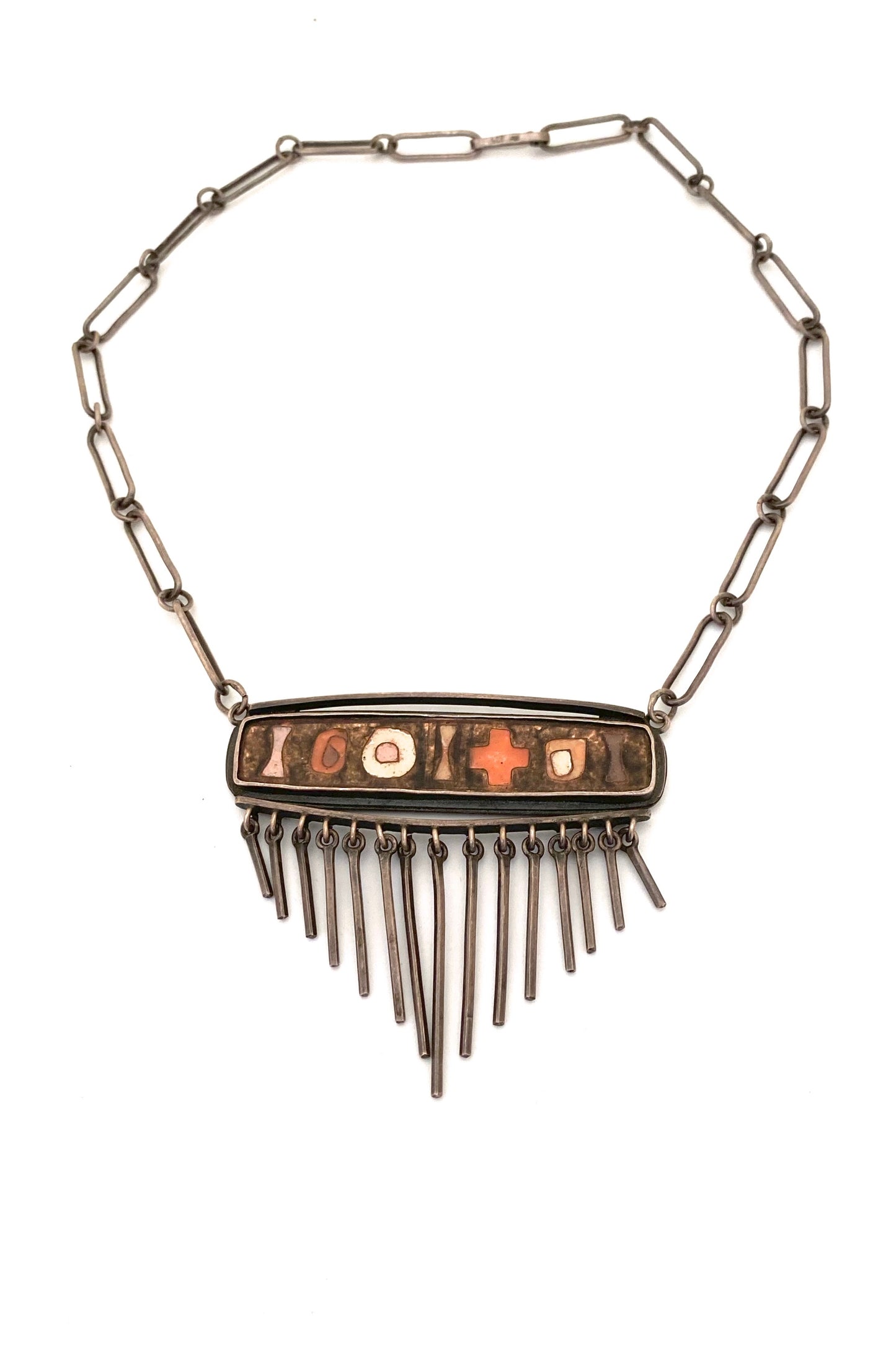 vintage silver matte enamel cloisonne fringe necklace style of Perli Schibensky Scholz Lammel Bunge Modernist jewelry design