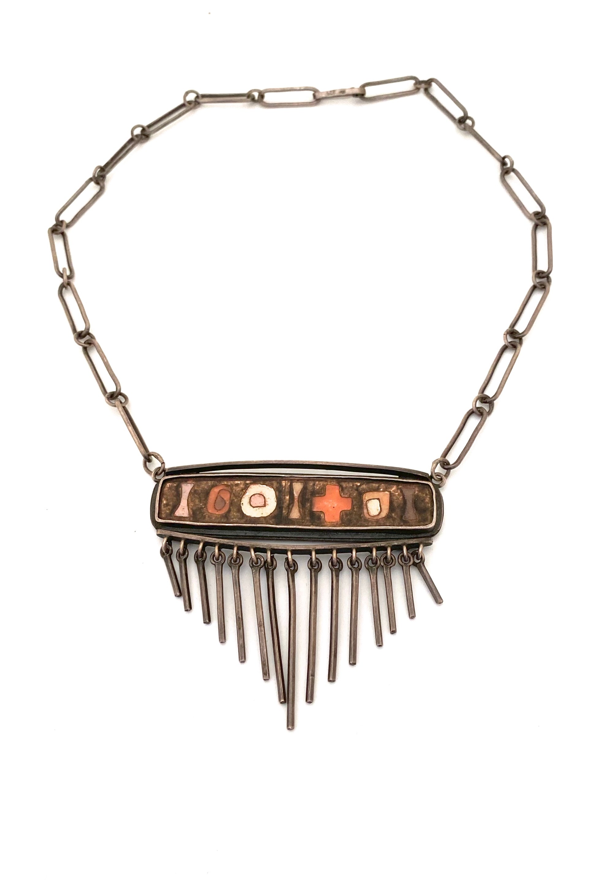 vintage silver matte enamel cloisonne fringe necklace style of Perli Schibensky Scholz Lammel Bunge Modernist jewelry design