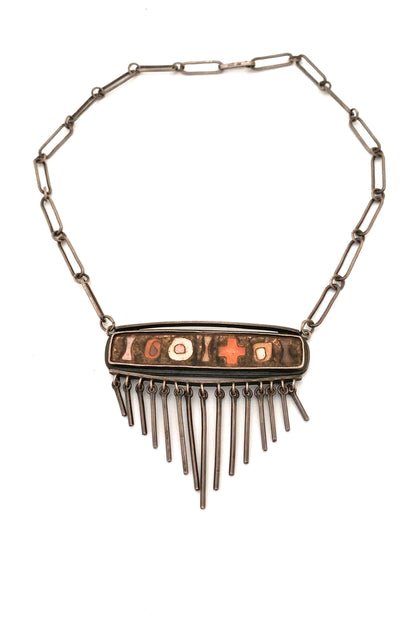vintage silver matte enamel cloisonne fringe necklace style of Perli Schibensky Scholz Lammel Bunge Modernist jewelry design