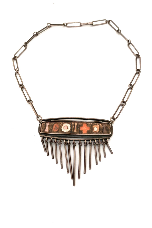vintage silver matte enamel cloisonne fringe necklace style of Perli Schibensky Scholz Lammel Bunge Modernist jewelry design