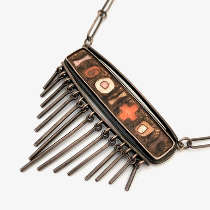 detail vintage silver matte enamel cloisonne fringe necklace style of Perli Schibensky Scholz Lammel Bunge Modernist jewelry design