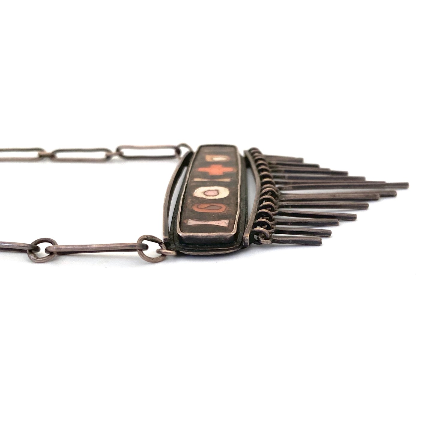 profile vintage silver matte enamel cloisonne fringe necklace style of Perli Schibensky Scholz Lammel Bunge Modernist jewelry design