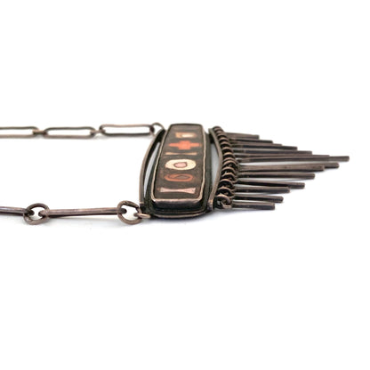 profile vintage silver matte enamel cloisonne fringe necklace style of Perli Schibensky Scholz Lammel Bunge Modernist jewelry design