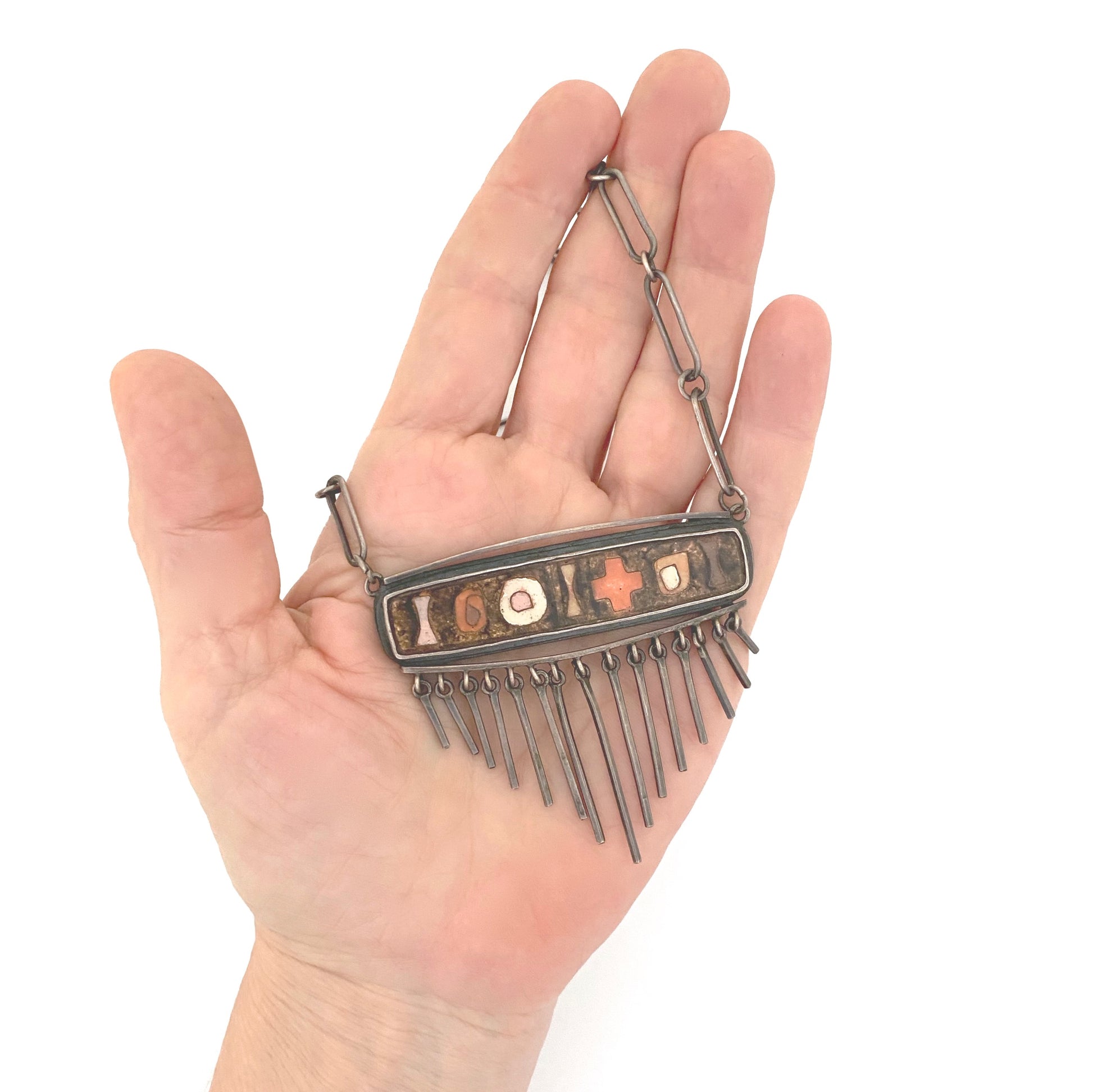 scale vintage silver matte enamel cloisonne fringe necklace style of Perli Schibensky Scholz Lammel Bunge Modernist jewelry design