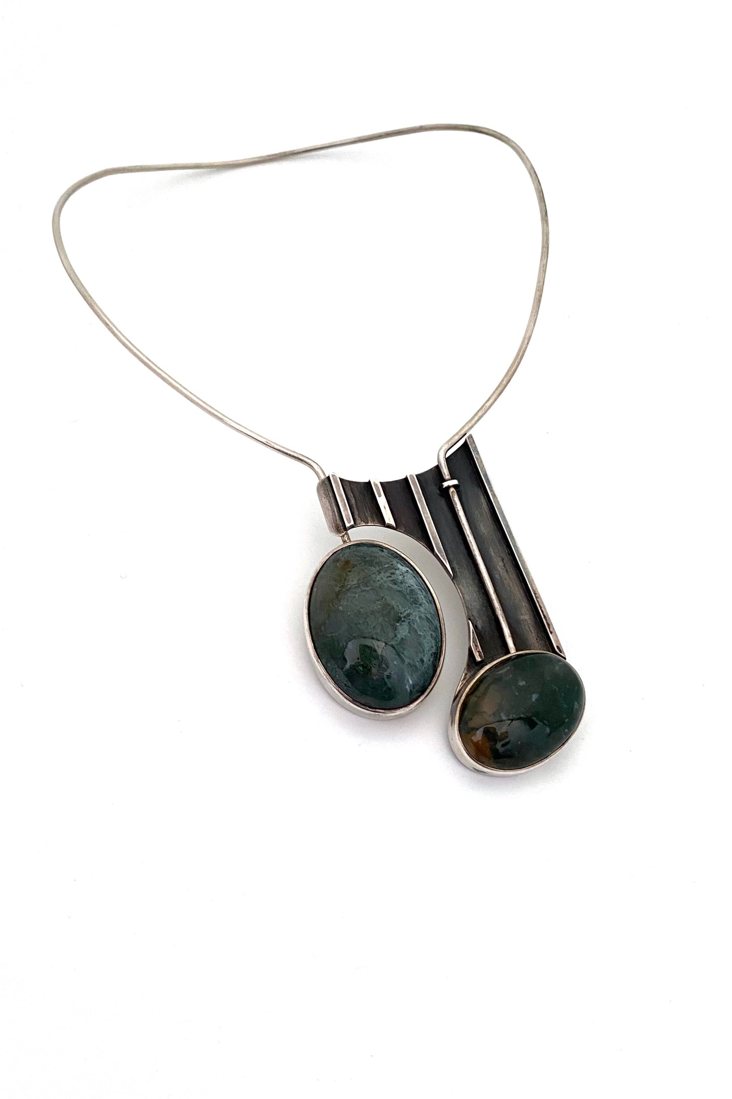 vintage silver moss agate large torque necklace studio made Modernist jewelry design