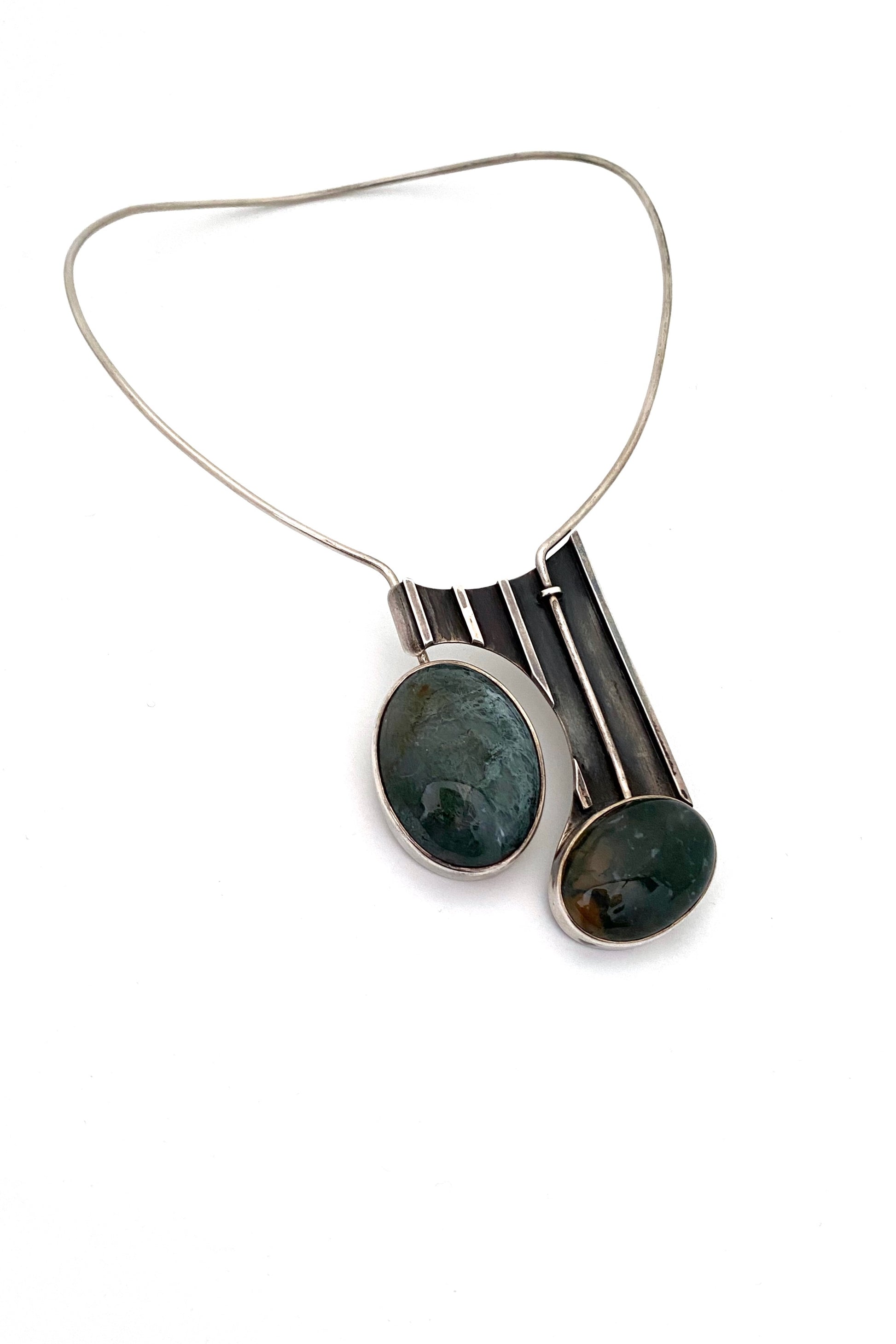 vintage silver moss agate large torque necklace studio made Modernist jewelry design