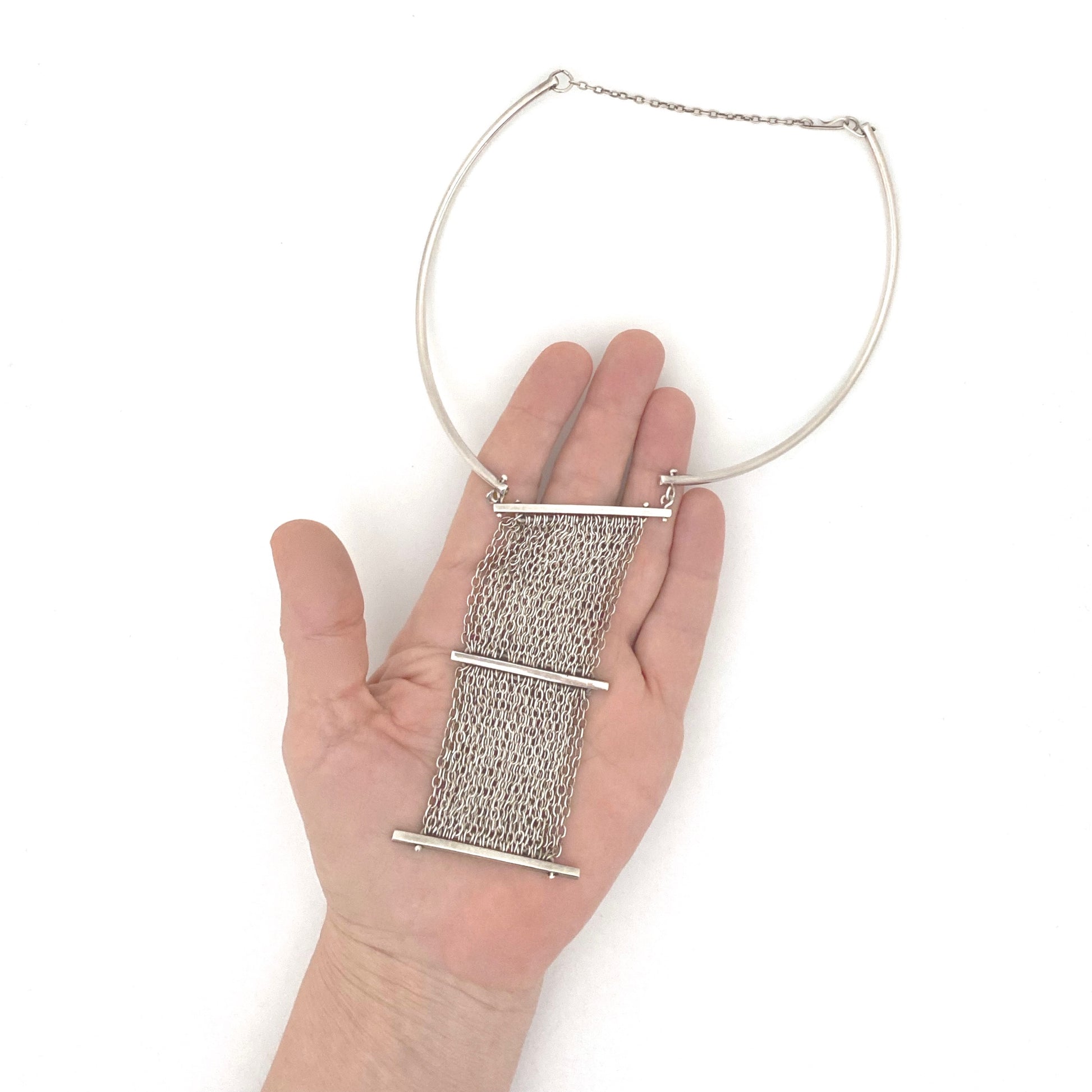 scale vintage silver large pendant choker necklace Belgium Modernist jewelry design