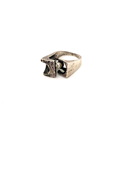 vintage silver pearl brutalist openwork ring Modernist jewelry design