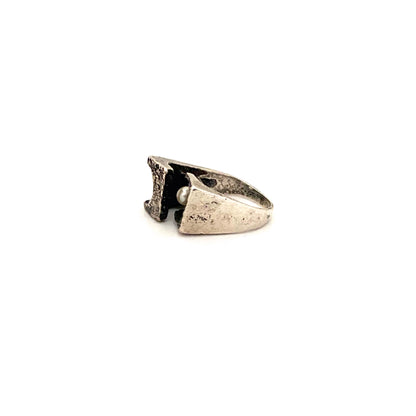 profile vintage silver pearl brutalist openwork ring Modernist jewelry design
