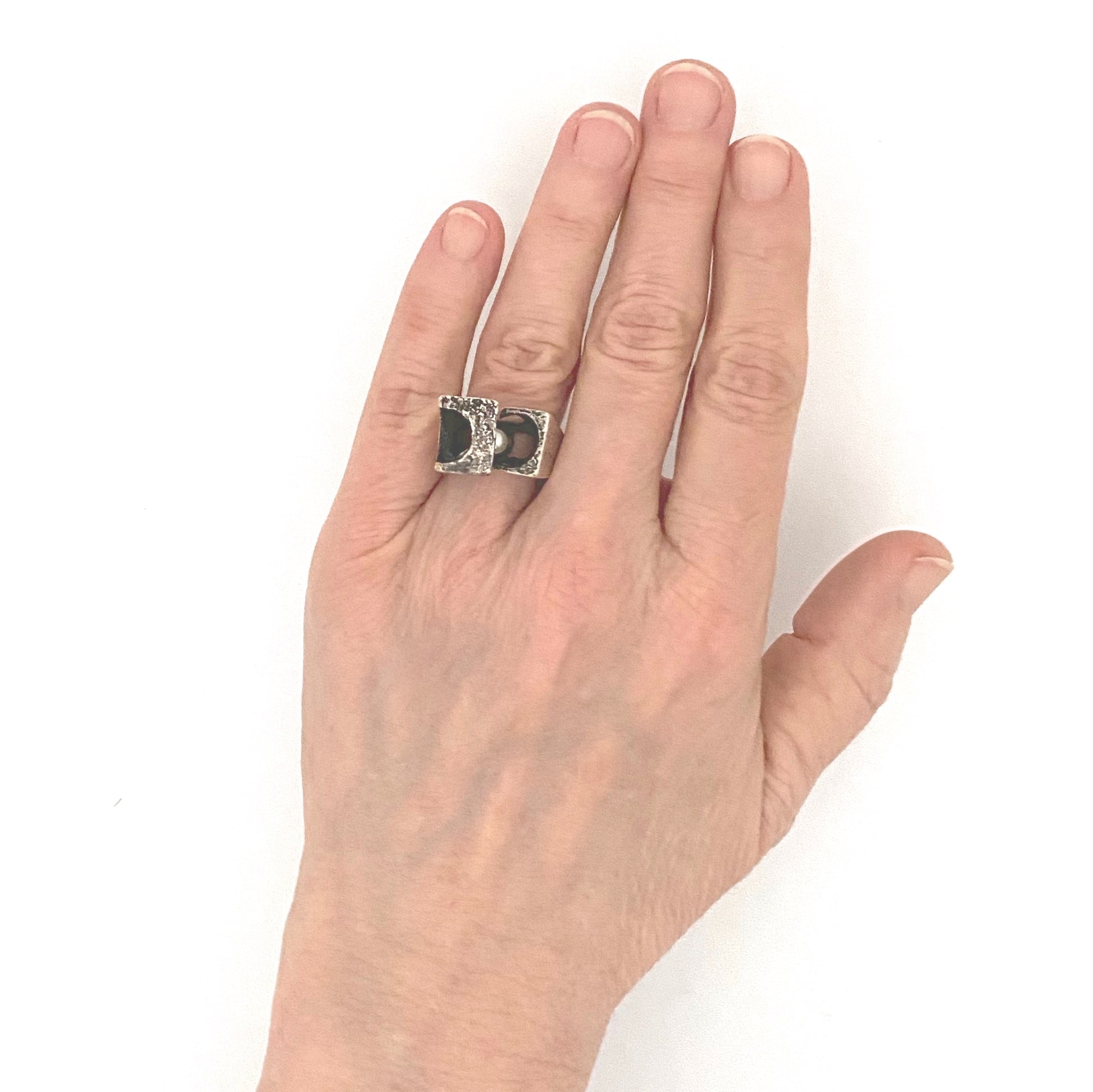scale vintage silver pearl brutalist openwork ring Modernist jewelry design