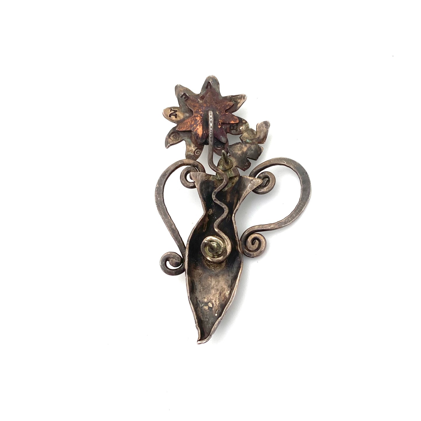 vintage silver postmodern flower heart brooch pendant