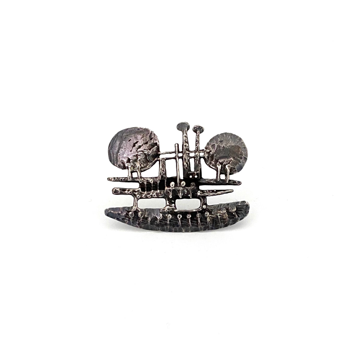detail vintage brutalist pierced sculptural silver brooch Modernist jewelry design