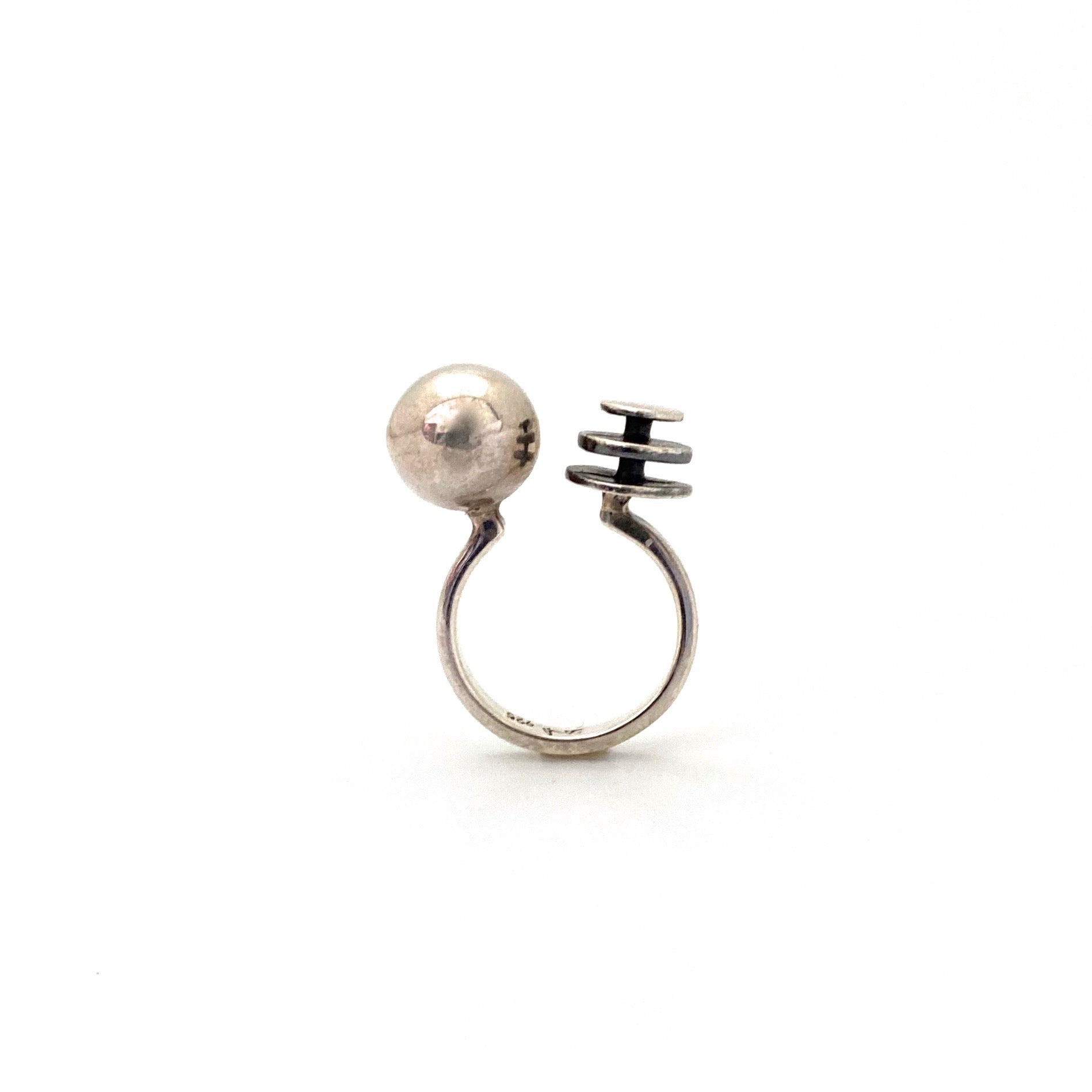 profile vintage silver sphere and discs ring Modernist jewelry design