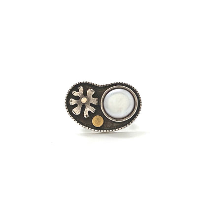 large vintage silver, 14k & 18k gold & cultured pearl ring ~ signed