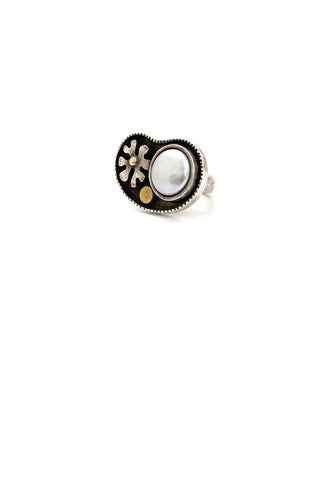 vintage silver 14k 18k gold cultured pearl flower ring signed
