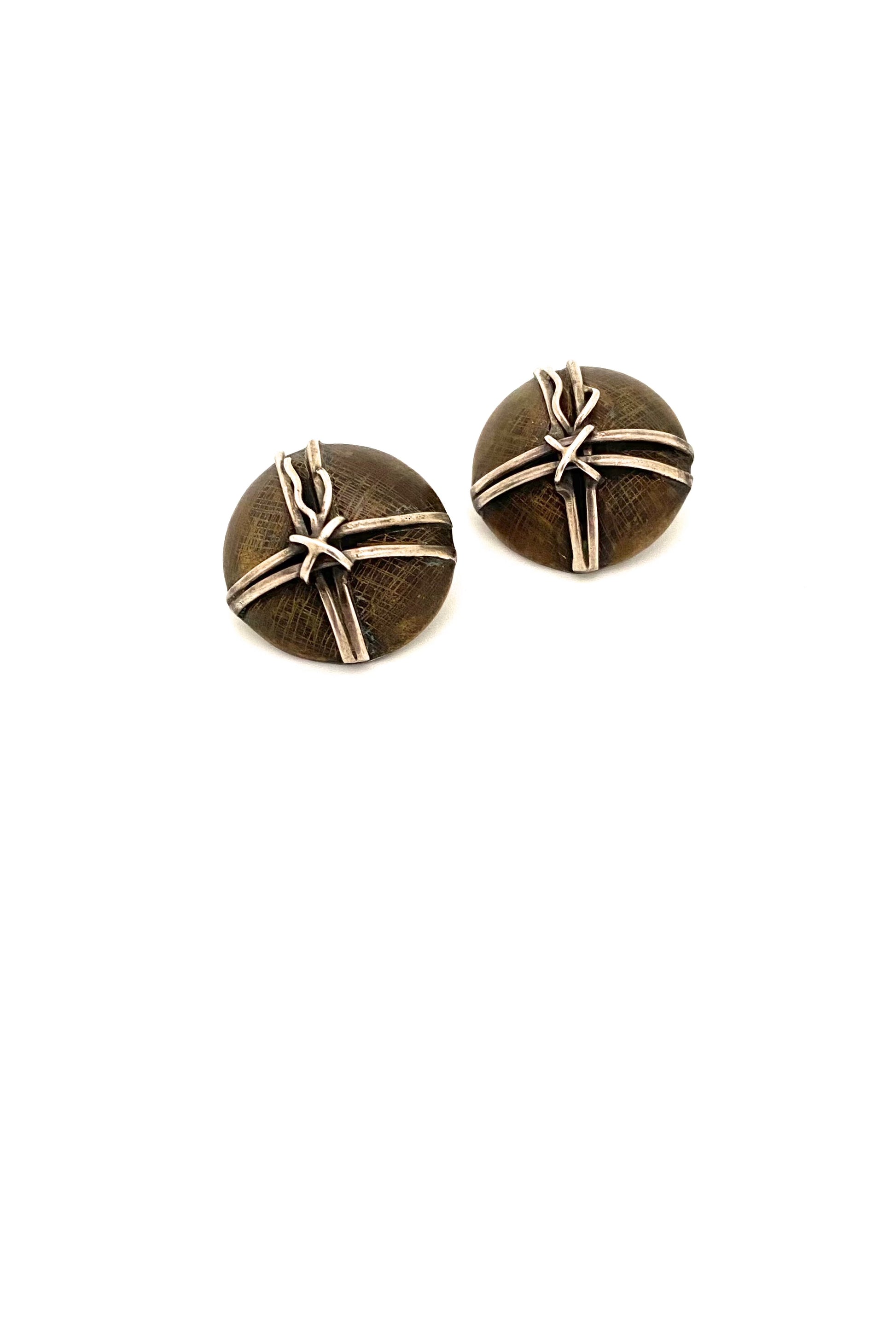 vintage sterling silver bronze studio made hand wrought ear clips Modernist jewelry design
