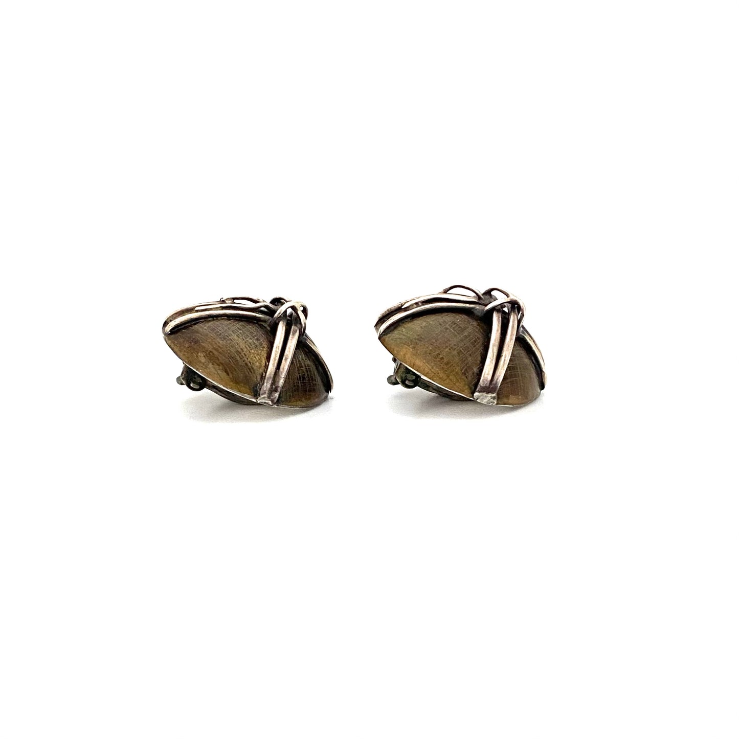 profile vintage sterling silver bronze studio made hand wrought ear clips Modernist jewelry design