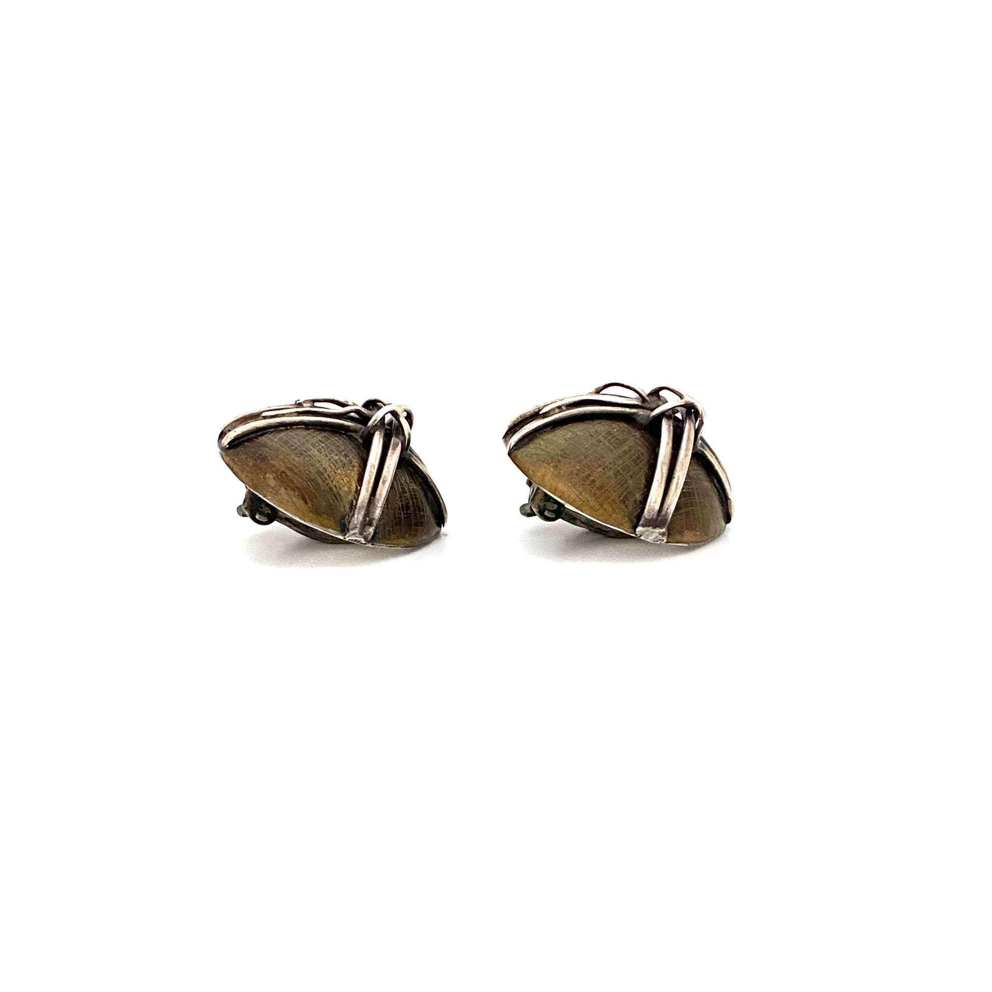 profile vintage sterling silver bronze studio made hand wrought ear clips Modernist jewelry design