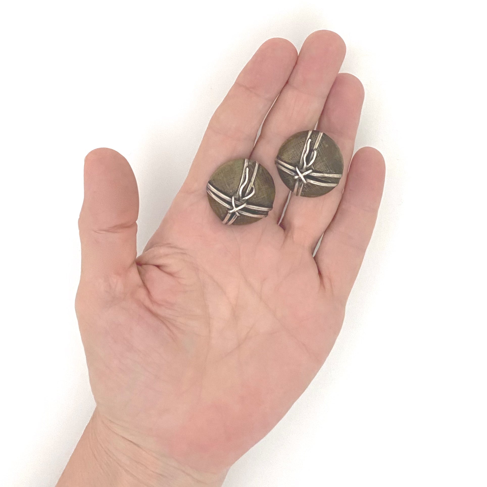 scale vintage sterling silver bronze studio made hand wrought ear clips Modernist jewelry design