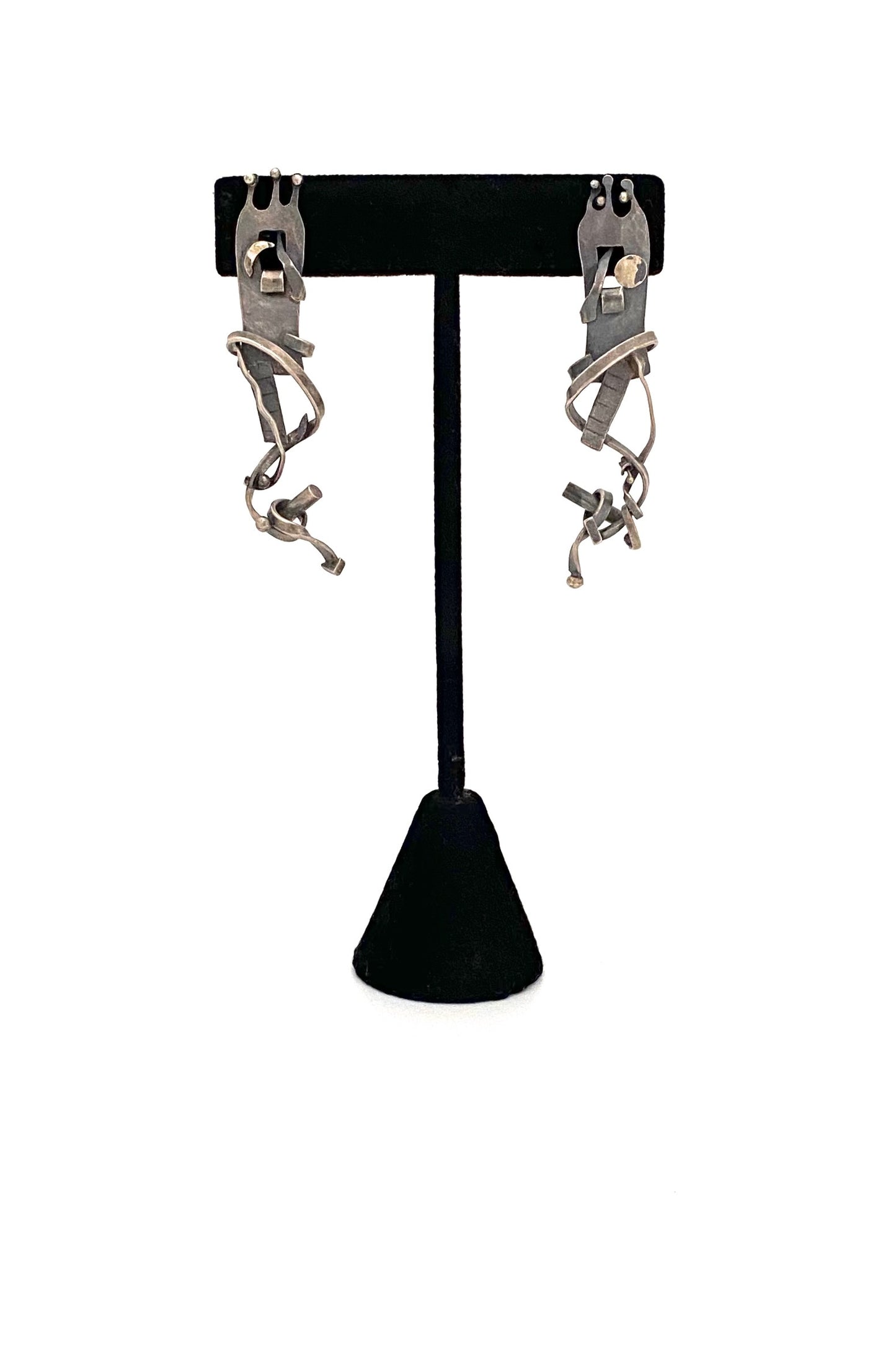 vintage silver long drop earrings gold appliques studio made Modernist jewelry design