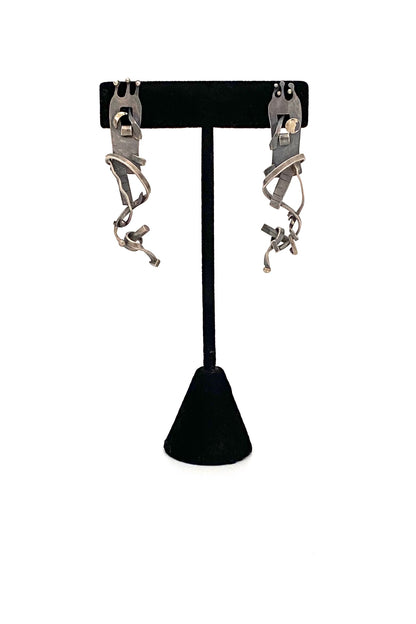 vintage silver long drop earrings gold appliques studio made Modernist jewelry design