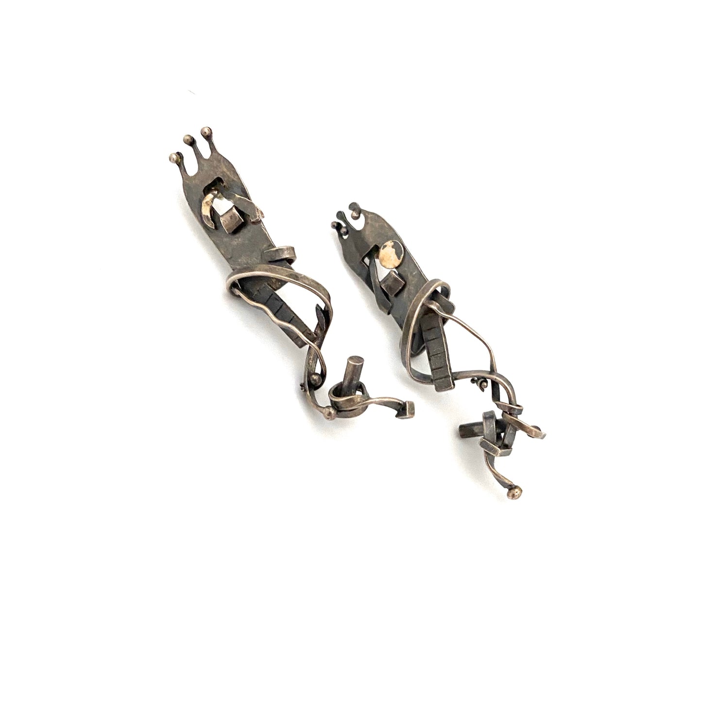 detail vintage silver long drop earrings gold appliques studio made Modernist jewelry design