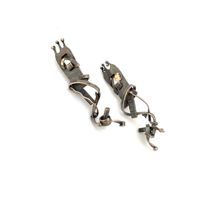 detail vintage silver long drop earrings gold appliques studio made Modernist jewelry design
