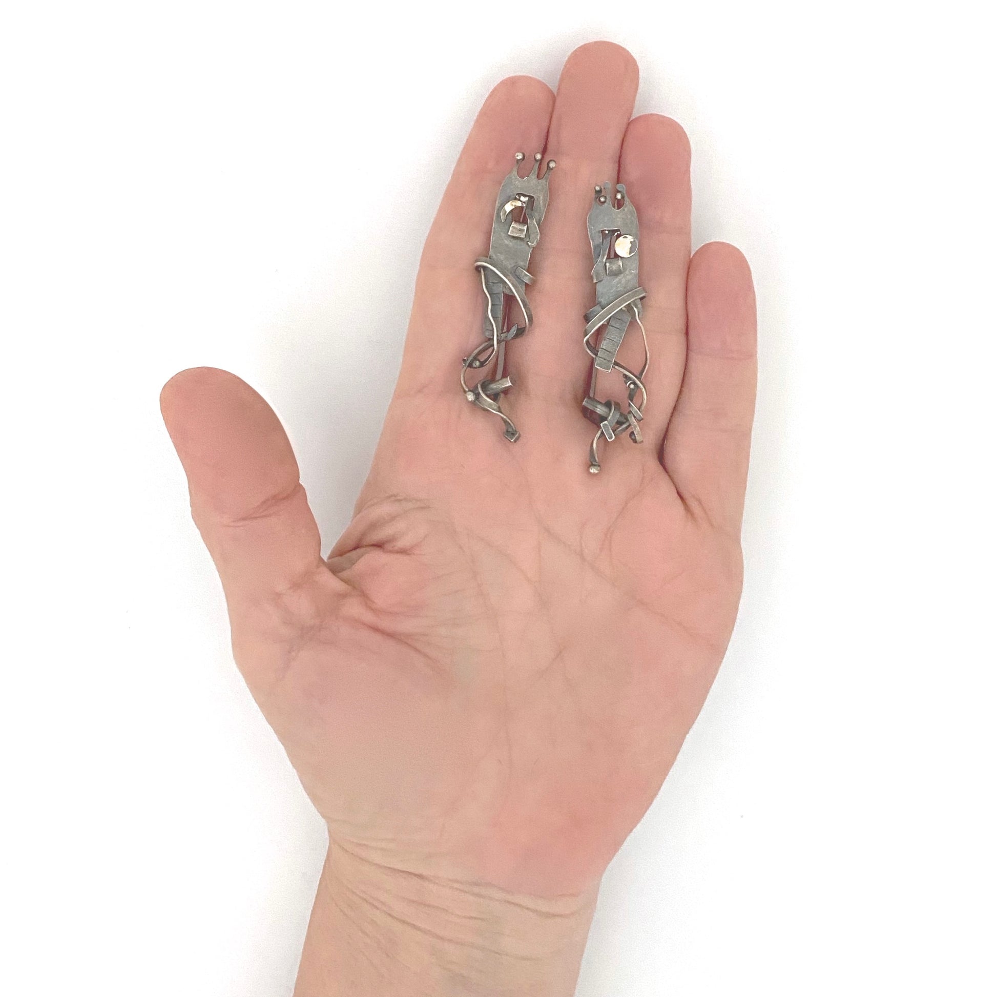 scale vintage silver long drop earrings gold appliques studio made Modernist jewelry design