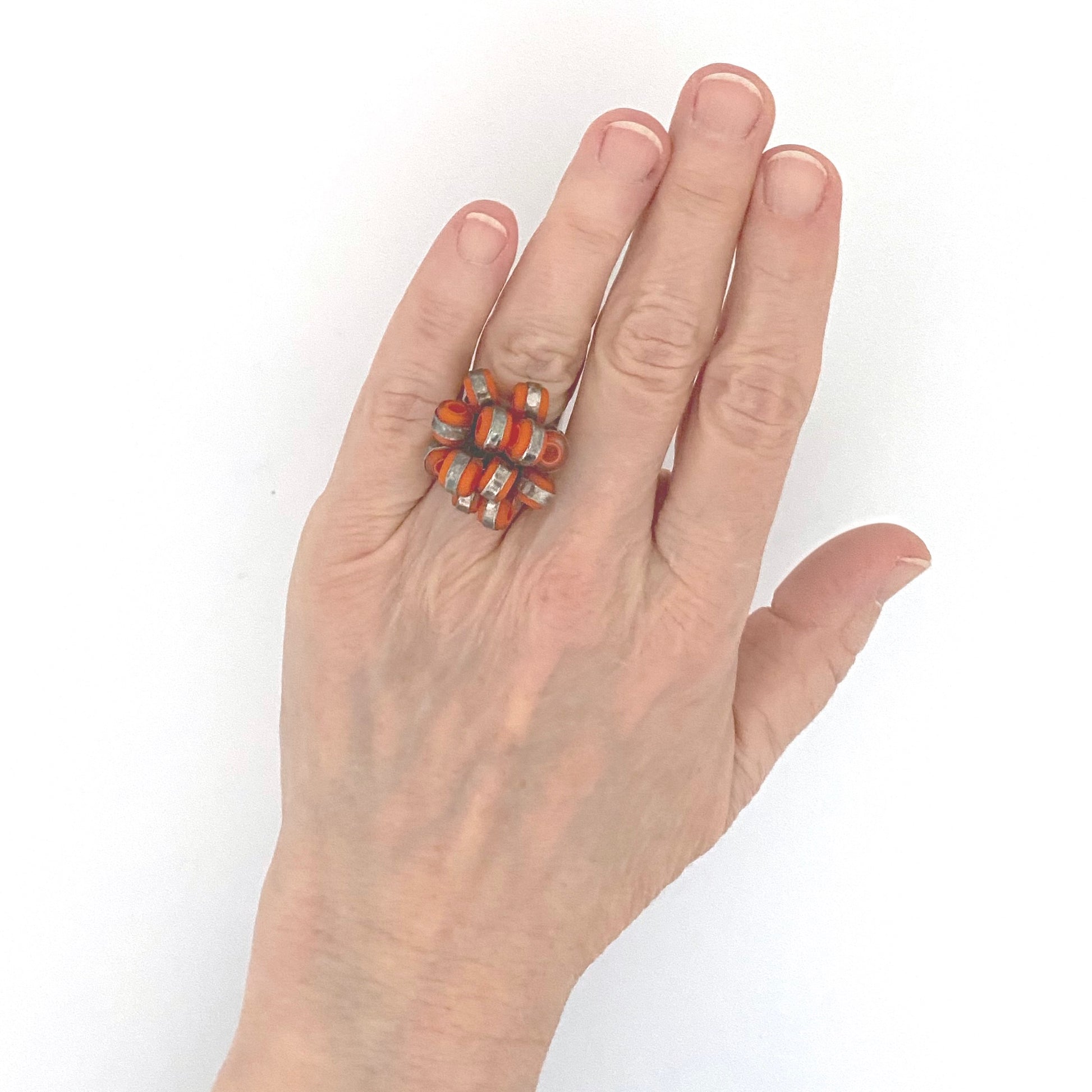 scale vintage silver and glass studio made ring Modernist jewelry design