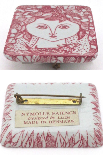 profile and verso Nymolle Denmark vintage faience ceramic brooch earring boxed set Scandinavian Modern jewelry design Wiinblad influence