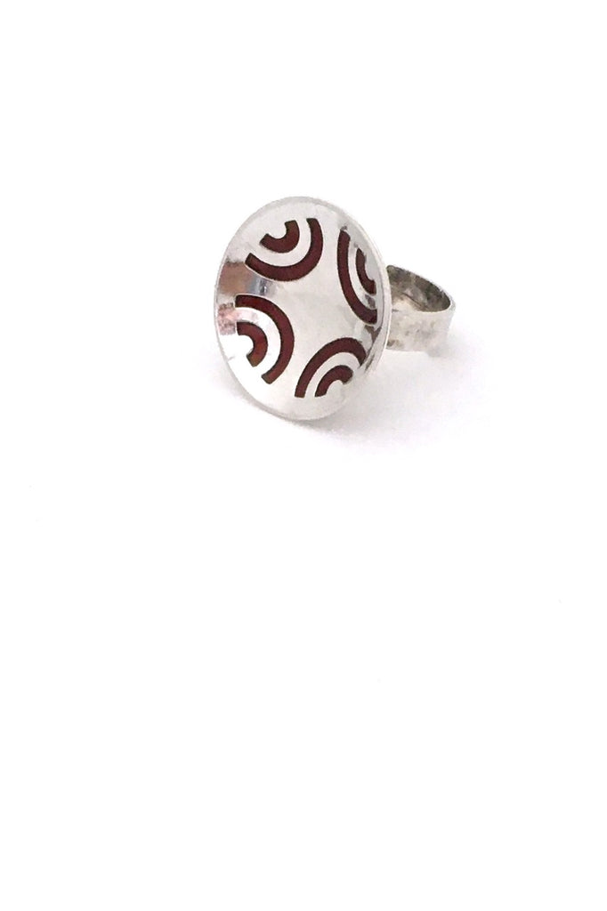 Aksel Holmsen Norway large vintage sterling silver red enamel ring Scandinavian Modern jewelry design
