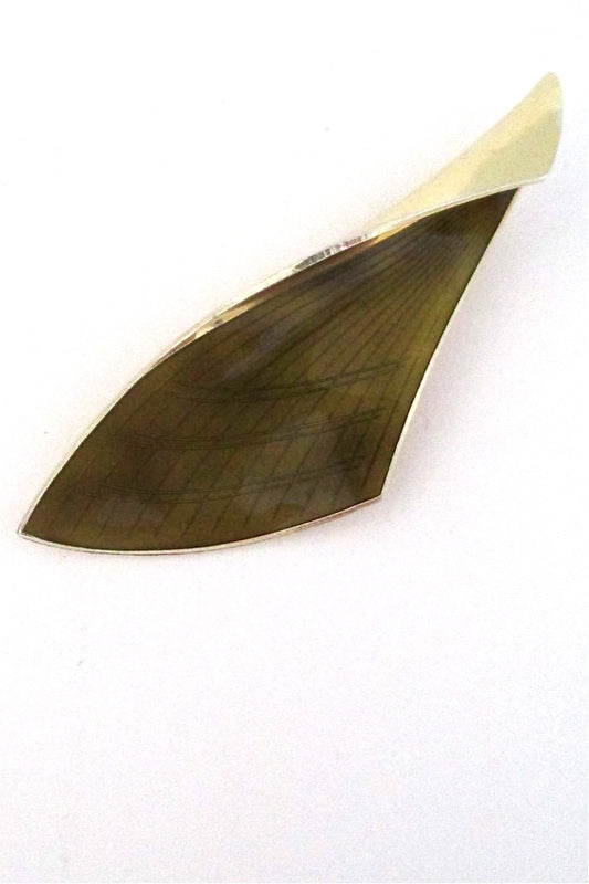 Albert Scharning Norway vintage Scandinavian silver & enamel olive green brooch