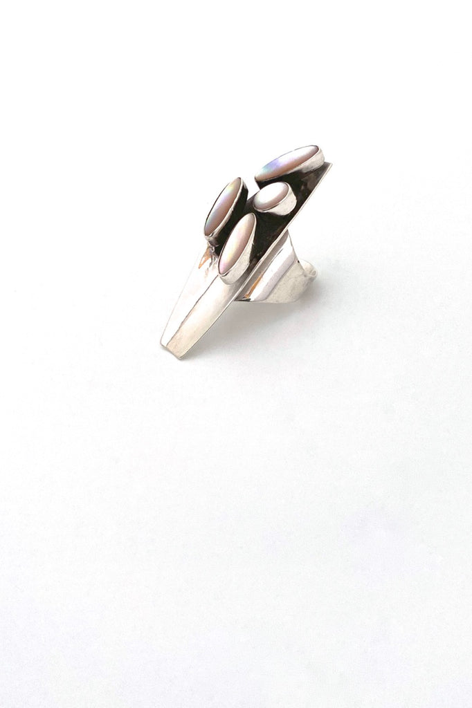 extra long vintage Navajo silver mother of pearl ring Annabelle Peterson Modernist jewelry design